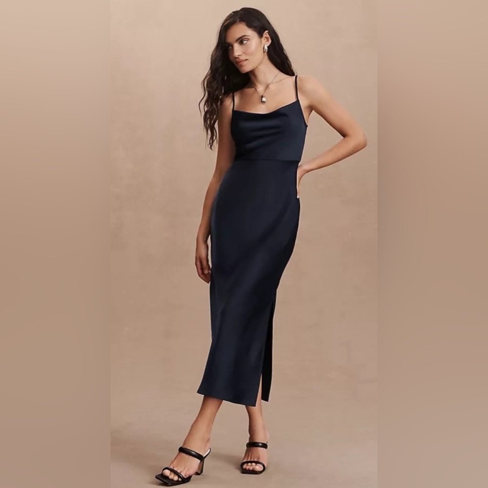 BHLDN Cali Satin Cowl-Neck Midi Slip Dress - Black - US 14